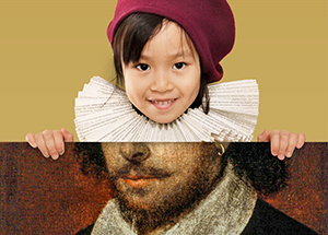 A girl's face that looks like Shakespeare and below Shakespeare's chest